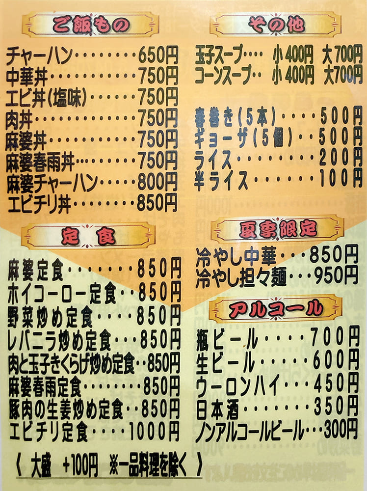 御宿町 庄吉 テーブルのメニュー裏