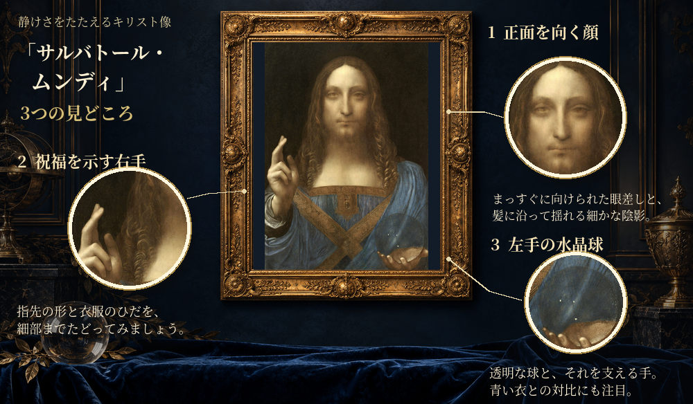 「サルバトール・ムンディ」の3つの見どころ：正面を向く顔、祝福を示す右手、左手の水晶球