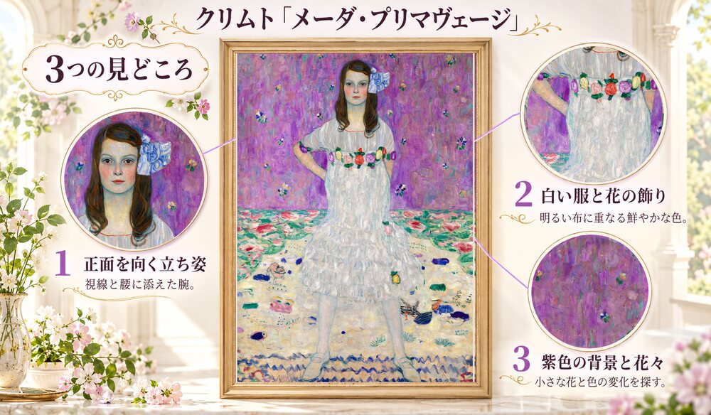 「メーダ・プリマヴェージ」の3つの見どころ：正面を向く立ち姿、白い服と花の飾り、紫色の背景と花々