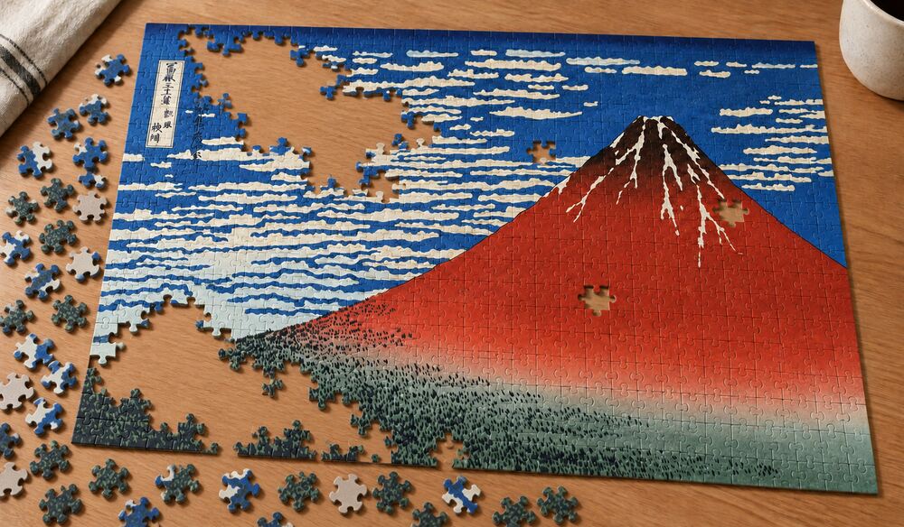 葛飾北斎「凱風快晴」の組み立て途中のイメージ。赤い富士山、白い雲、緑の裾野を手がかりに楽しむアートパズル