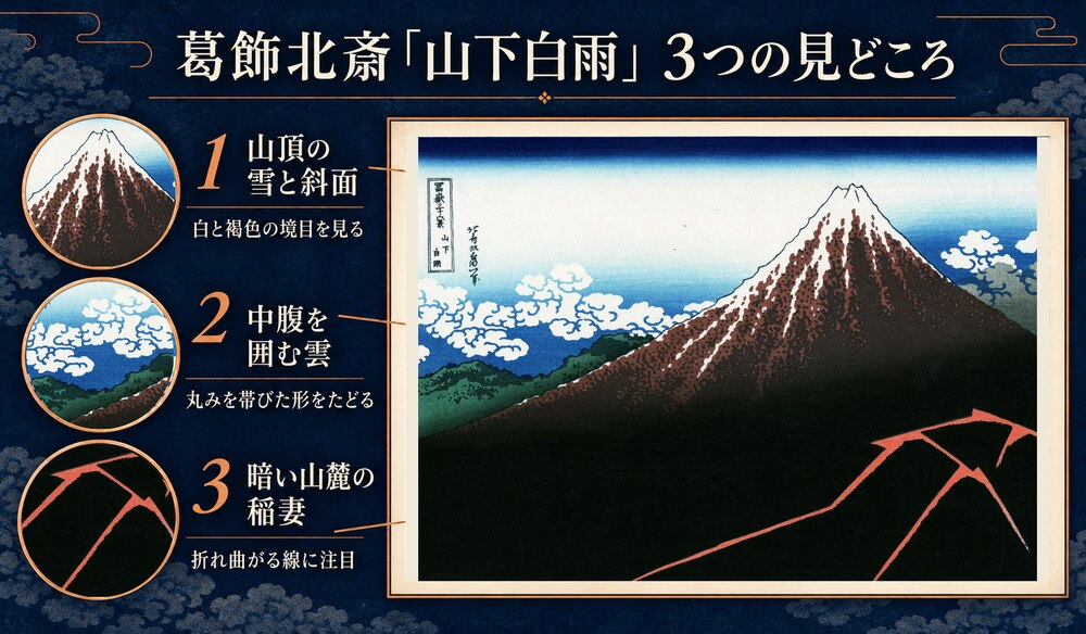 「富嶽三十六景 山下白雨」の3つの見どころ：山頂の雪と斜面、中腹を囲む雲、暗い山麓の稲妻