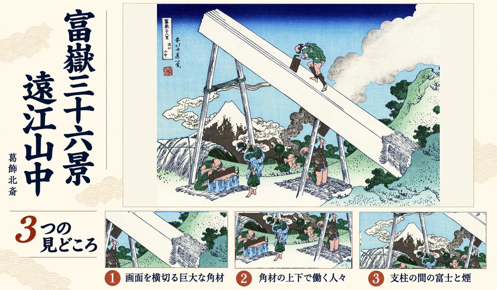 葛飾北斎「富嶽三十六景 遠江山中」の全体像と3つの見どころを紹介する解説画像