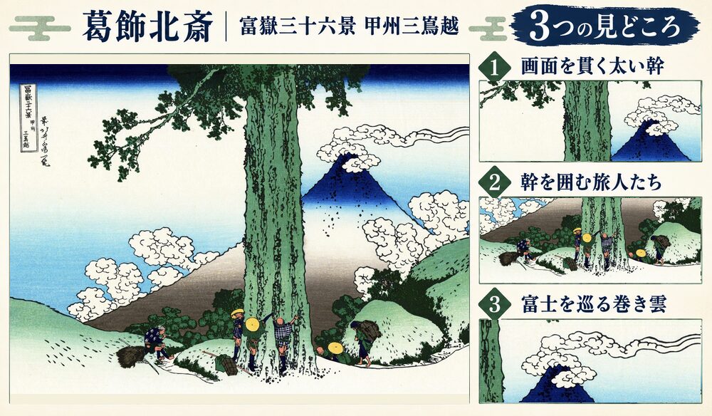 葛飾北斎「富嶽三十六景 甲州三嶌越」の全体像と3つの見どころを紹介する解説画像