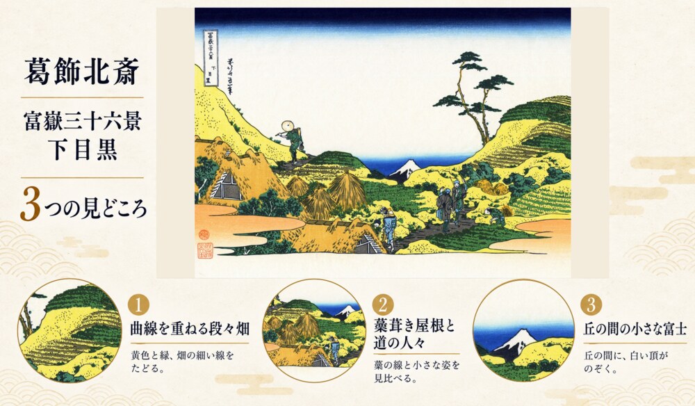 葛飾北斎「富嶽三十六景 下目黒」の全体像と3つの見どころを紹介する解説画像