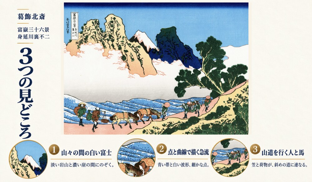 葛飾北斎「富嶽三十六景 身延川裏不二」の全体像と3つの見どころを紹介する解説画像