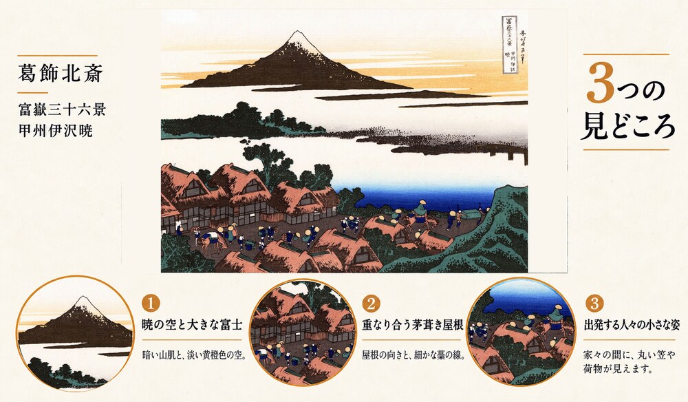 葛飾北斎「富嶽三十六景 甲州伊沢暁」の全体像と3つの見どころを紹介する解説画像