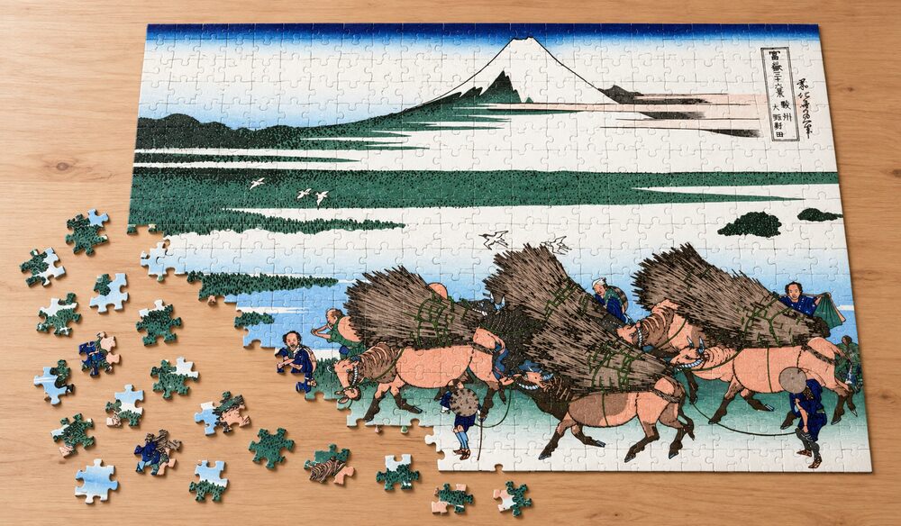 北斎「富嶽三十六景 駿州大野新田」の組み立て途中を表したアートパズルのイメージ