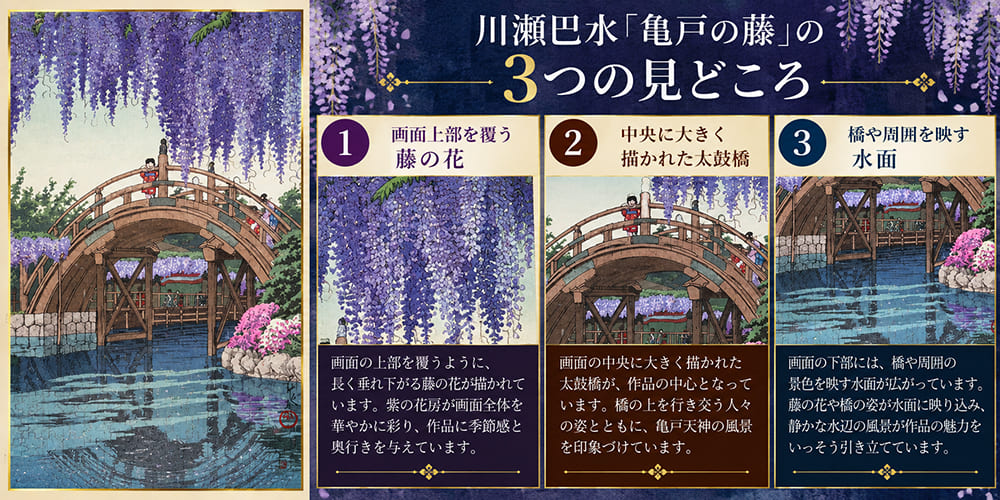 川瀬巴水「亀戸の藤」の3つの見どころ