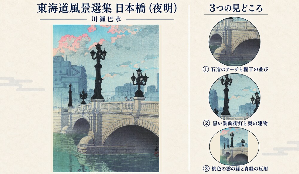 川瀬巴水「東海道風景選集 日本橋（夜明）」の全図と、石造のアーチと欄干の並び、黒い装飾街灯と奥の建物、桃色の雲の縁と青緑の反射を示した3つの見どころ