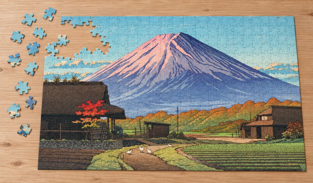 川瀬巴水「舟津之秋」を絵柄にした、組み立て途中のジグソーパズルのイメージ