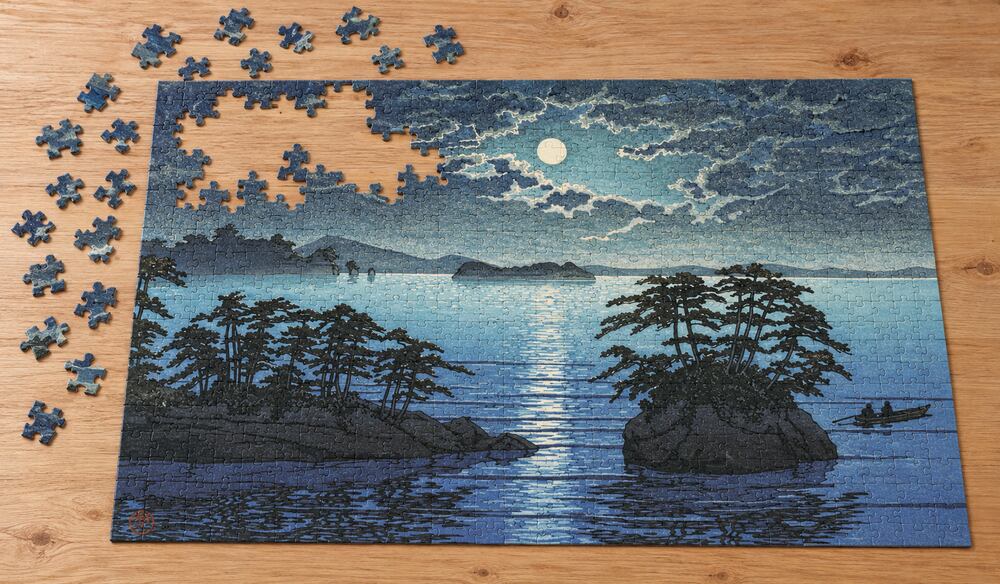 川瀬巴水「松嶋双子嶋」を絵柄にした、組み立て途中のジグソーパズルのイメージ