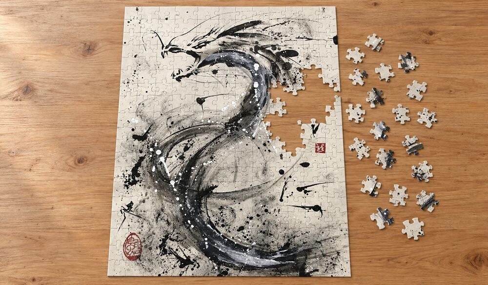 荒川颼「グランドドラゴン」を絵柄にした、組み立て途中のジグソーパズルのイメージ