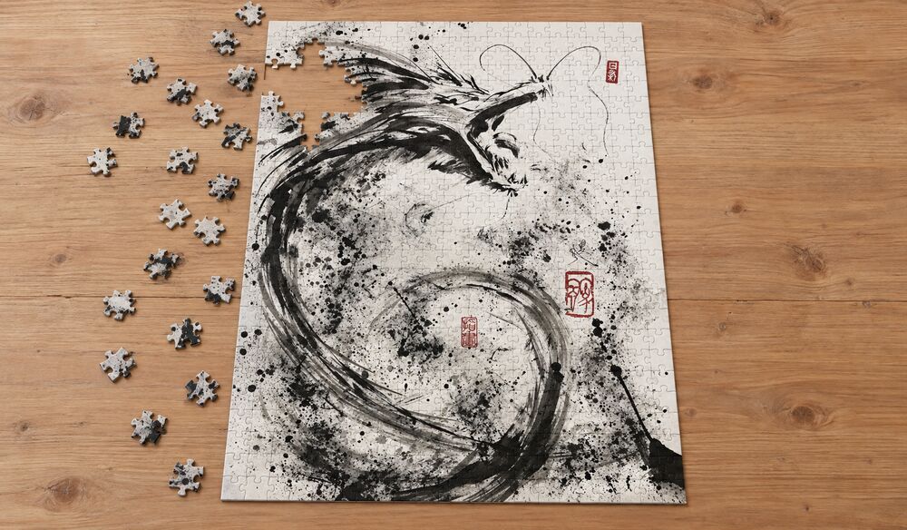 荒川颼「レビヤタン」を絵柄にした、組み立て途中のジグソーパズルのイメージ