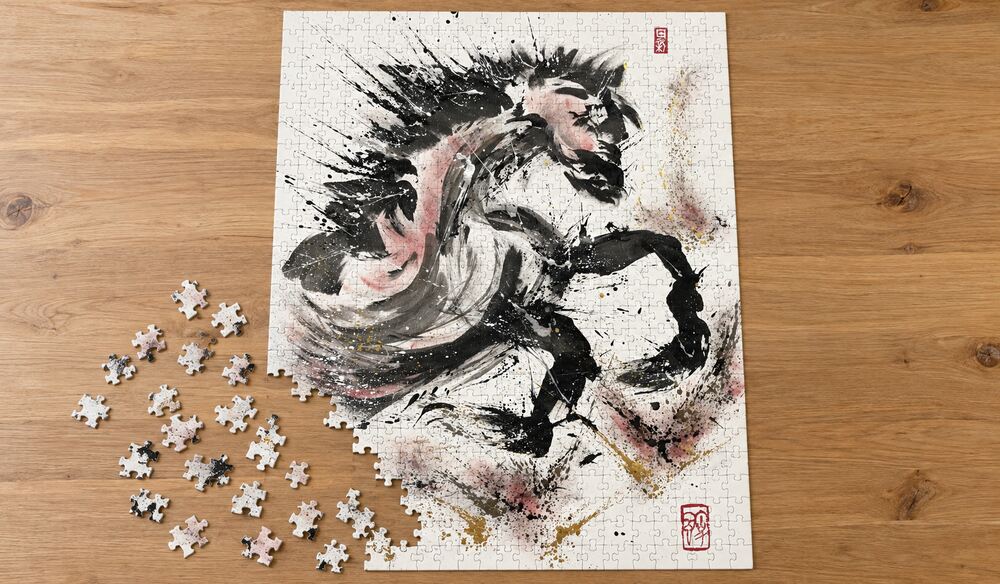 荒川颼「馬」を絵柄にした、組み立て途中のジグソーパズルのイメージ