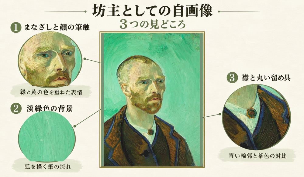 「坊主としての自画像」の3つの見どころ：まなざしと顔の筆触、淡緑色の背景、襟と丸い留め具
