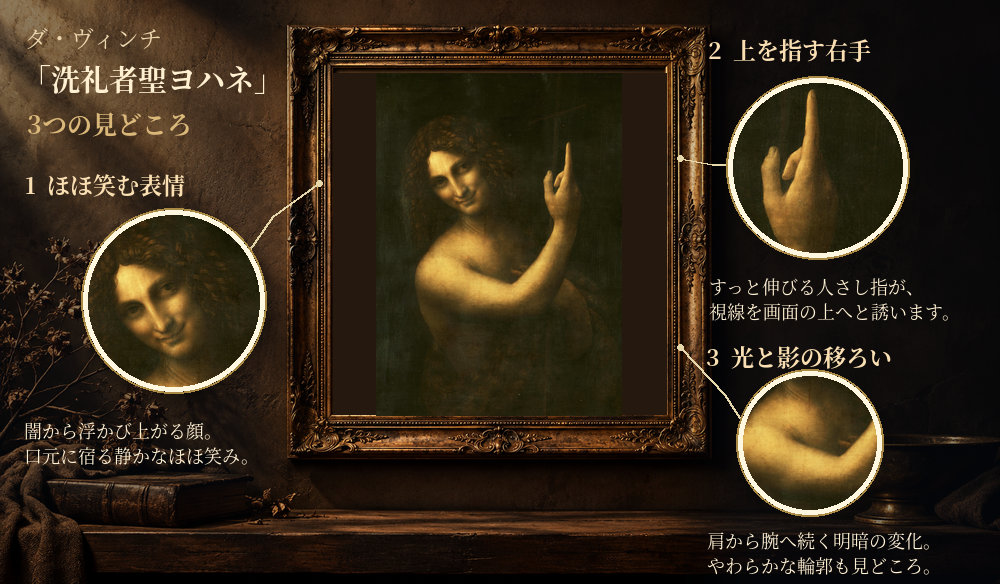 「洗礼者聖ヨハネ」の3つの見どころ：ほほ笑む表情、上を指す右手、光と影の移ろい