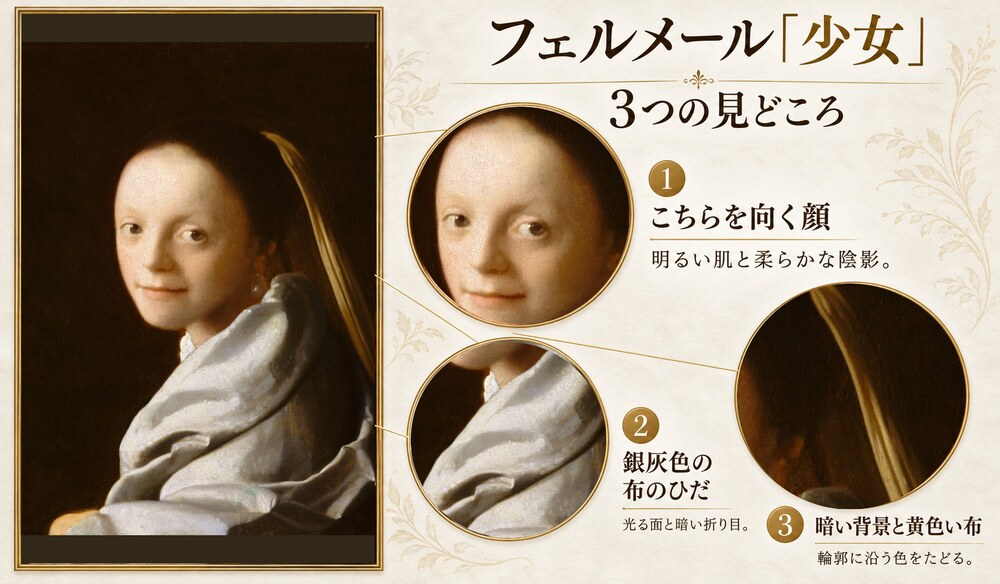 フェルメール「少女」の3つの見どころ：こちらを向く顔、銀灰色の布のひだ、暗い背景と黄色い布