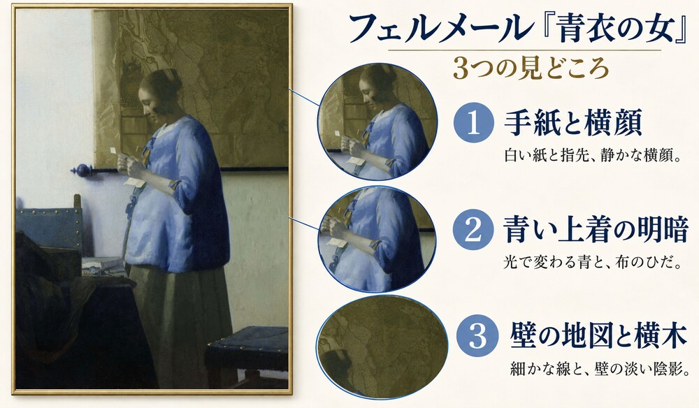 フェルメール「青衣の女」の3つの見どころ：手紙と横顔、青い上着の明暗、壁の地図と横木