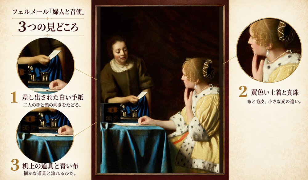 「婦人と召使」の3つの見どころ：差し出された白い手紙、黄色い上着と真珠、机上の道具と青い布