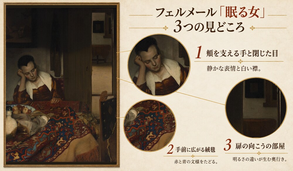 フェルメール「眠る女」の3つの見どころ：頬を支える手と閉じた目、手前に広がる絨毯、扉の向こうの部屋
