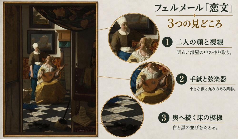 フェルメール「恋文」の3つの見どころ：二人の顔と視線、手紙と弦楽器、奥へ続く床の模様