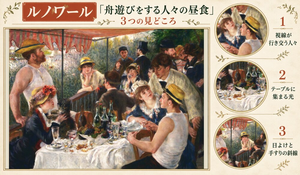 「舟遊びをする人々の昼食」の3つの見どころ：視線が行き交う人々、テーブルに集まる光、日よけと手すりの斜線