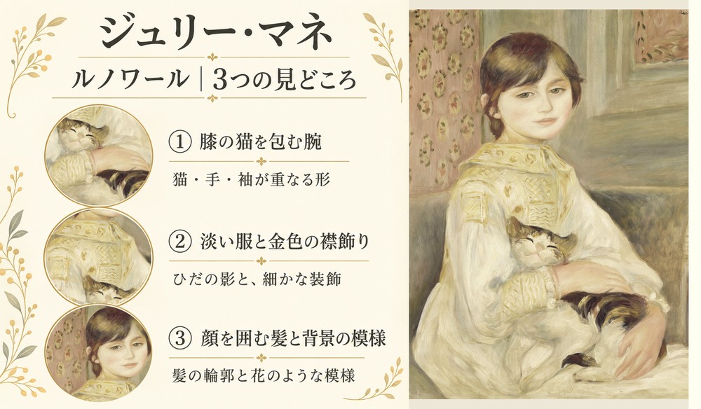 「ジュリー・マネ」の3つの見どころ：膝の猫を包む腕、淡い服と金色の襟飾り、顔を囲む髪と背景の模様