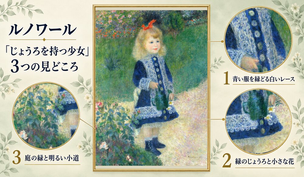 「じょうろを持つ少女」の3つの見どころ：青い服を縁どる白いレース、緑のじょうろと小さな花、庭の緑と明るい小道