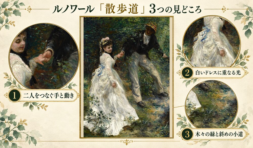 「散歩道」の3つの見どころ：二人をつなぐ手と動き、白いドレスに重なる光、木々の緑と斜めの小道