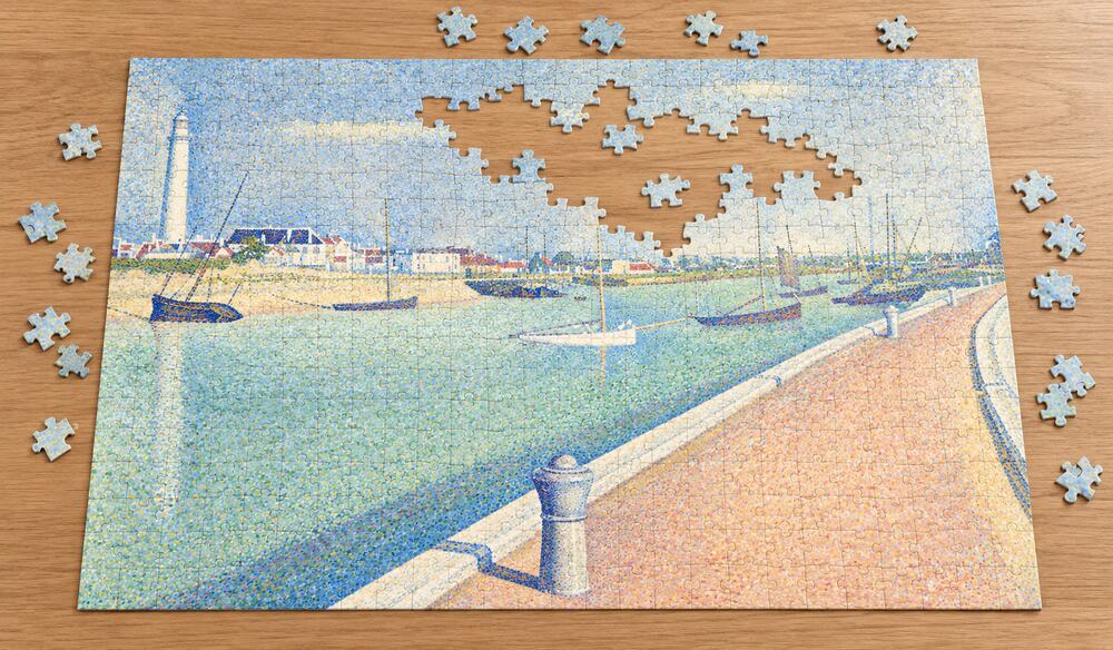 ジョルジュ・スーラ「グラヴリーヌの運河」を絵柄にした、組み立て途中のジグソーパズルのイメージ
