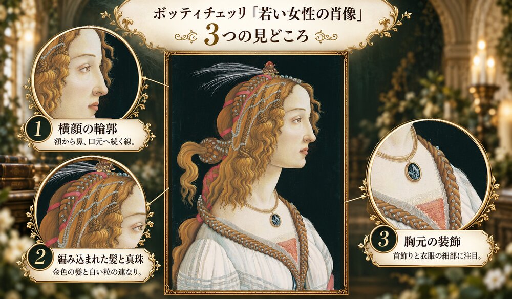 「若い女性の肖像 （シモネッタ・ヴェスプッチ）」の3つの見どころ：横顔の輪郭、編み込まれた髪と真珠、胸元の装飾