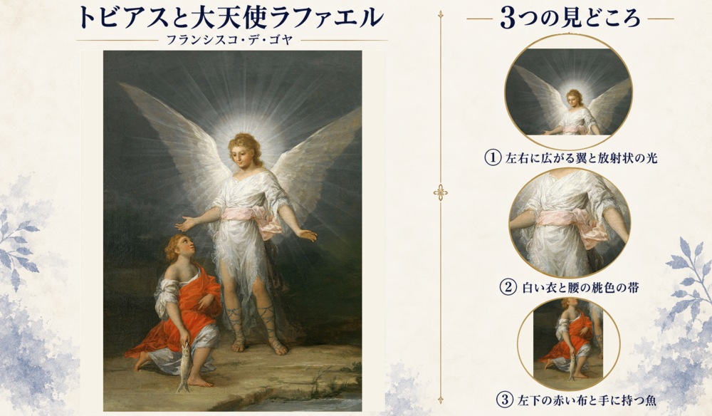 フランシスコ・デ・ゴヤ「トビアスと大天使ラファエル」の全図と、左右に広がる翼と放射状の光、白い衣と腰の桃色の帯、左下の赤い布と手に持つ魚を示した3つの見どころ