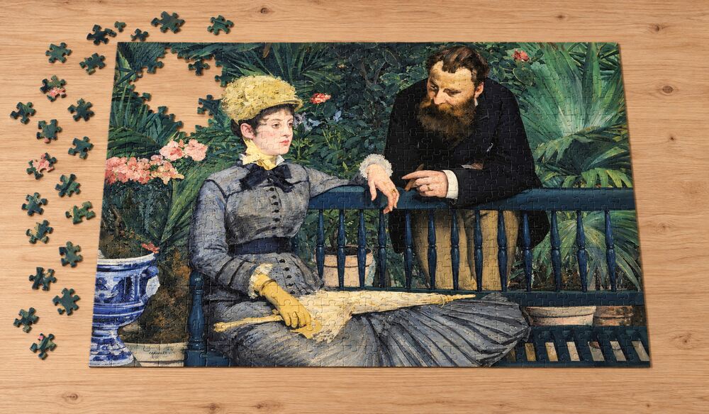 エドゥアール・マネ「温室にて」を絵柄にした、組み立て途中のジグソーパズルのイメージ