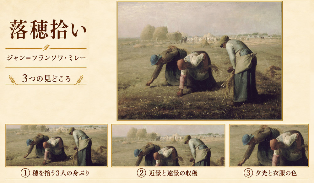 ジャン＝フランソワ・ミレー「落穂拾い」の全図と、穂を拾う3人の身ぶり、近景と遠景の収穫、夕光と衣服の色を示した3つの見どころ