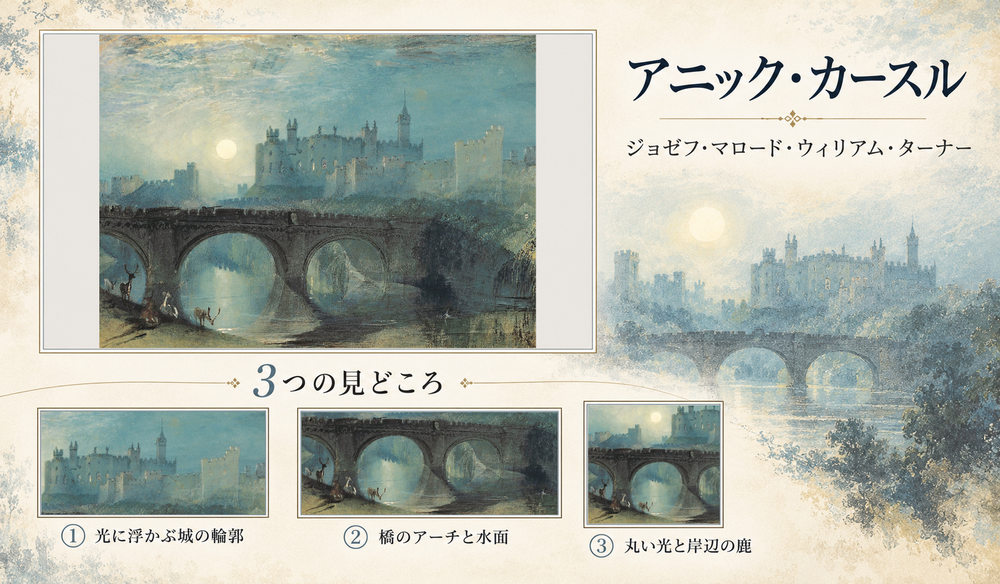 ジョゼフ・マロード・ウィリアム・ターナー「アニック・カースル」の全図と、光に浮かぶ城の輪郭、橋のアーチと水面、丸い光と岸辺の鹿を示した3つの見どころ