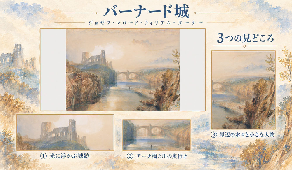 ジョゼフ・マロード・ウィリアム・ターナー「バーナード城」の全図と、光に浮かぶ城跡、アーチ橋と川の奥行き、岸辺の木々と小さな人物を示した3つの見どころ