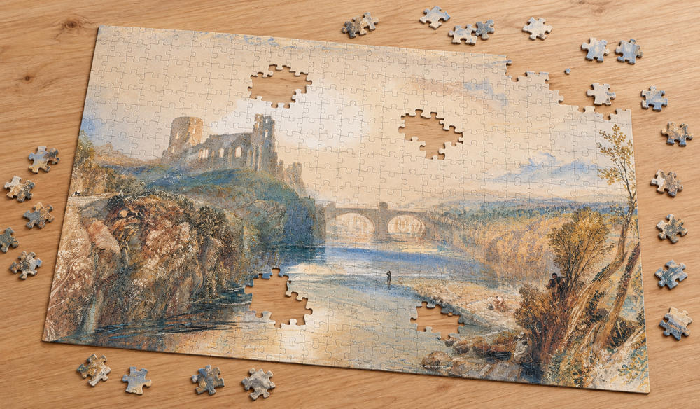ジョゼフ・マロード・ウィリアム・ターナー「バーナード城」を絵柄にした、組み立て途中のジグソーパズルのイメージ