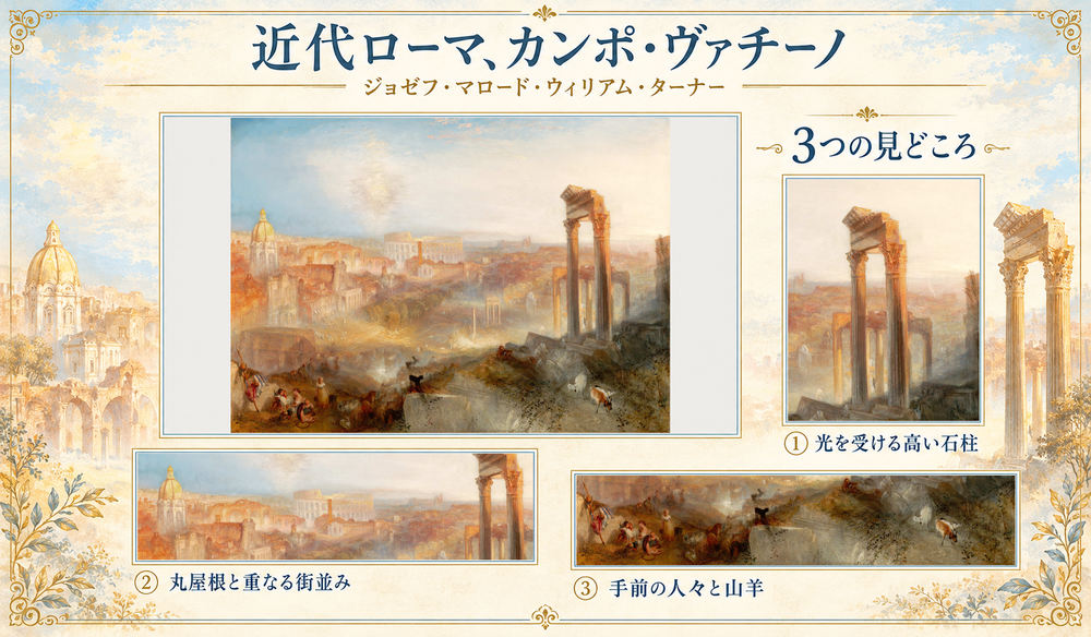 ジョゼフ・マロード・ウィリアム・ターナー「近代ローマ、カンポ・ヴァチーノ」の全図と、光を受ける高い石柱、丸屋根と重なる街並み、手前の人々と山羊を示した3つの見どころ