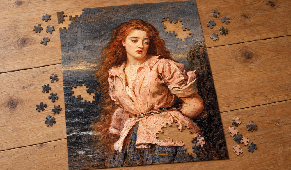 ジョン・エヴァレット・ミレー「ソルウェーの殉教者」を絵柄にした、組み立て途中のジグソーパズルのイメージ