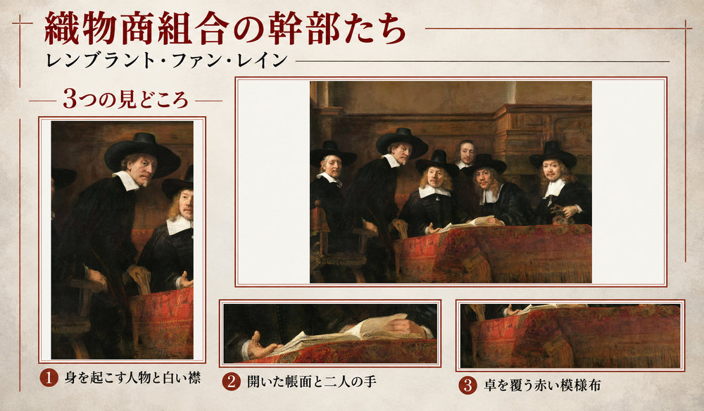 レンブラント・ファン・レイン「織物商組合の幹部たち」の全図と、身を起こす人物と白い襟、開いた帳面と二人の手、卓を覆う赤い模様布を示した3つの見どころ