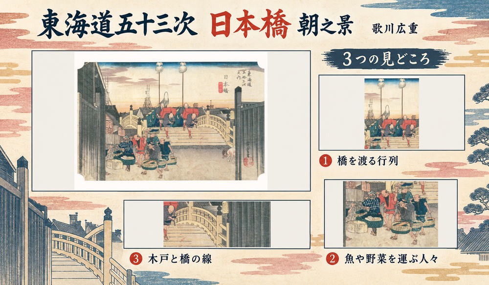 歌川広重「東海道五十三次 日本橋 朝之景」の全図と、橋を渡る行列、魚や野菜を運ぶ人々、木戸と橋の線を示した3つの見どころ