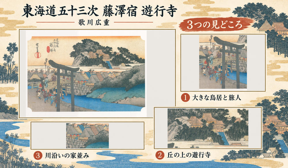 歌川広重「東海道五十三次 藤澤宿 遊行寺」の全図と、大きな鳥居と旅人、丘の上の遊行寺、川沿いの家並みを示した3つの見どころ