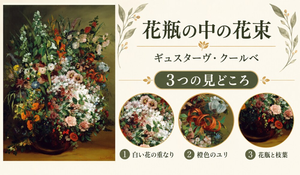 ギュスターヴ・クールベ「花瓶の中の花束」の全体図と3つの見どころ