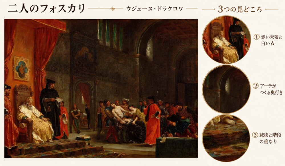 ウジェーヌ・ドラクロワ「二人のフォスカリ」の全図と、赤い天蓋と白い衣、アーチがつくる奥行き、絨毯と階段の重なりを示した3つの見どころ