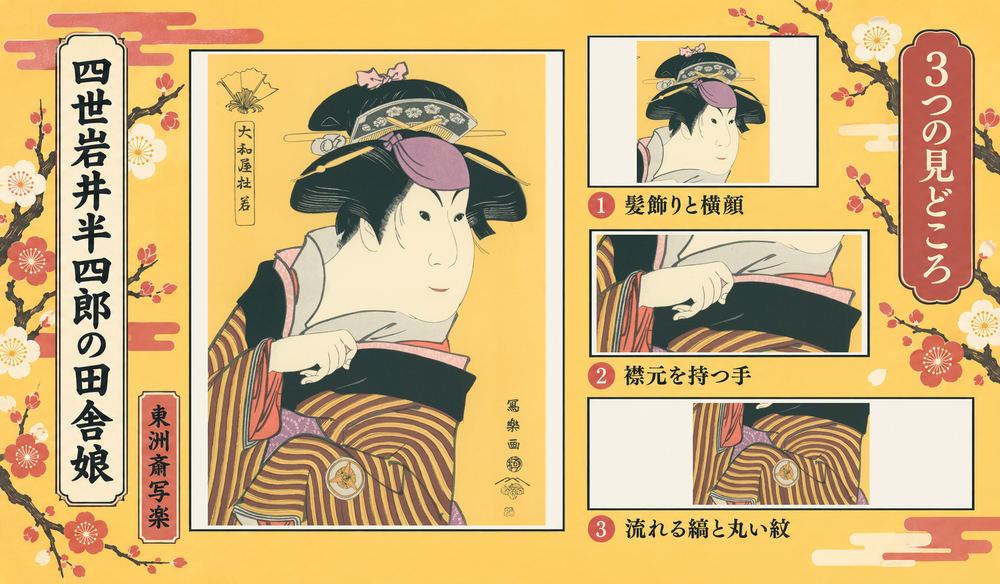 東洲斎写楽「四世岩井半四郎の田舎娘」の全図と、髪飾りと横顔、襟元を持つ手、流れる縞と丸い紋を示した3つの見どころ