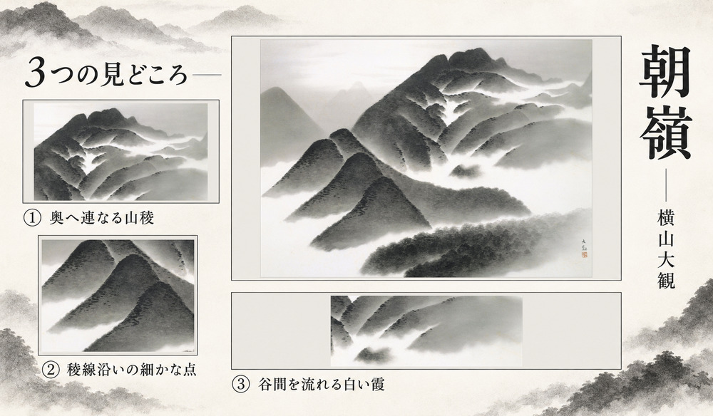 横山大観「朝嶺」の全図と、奥へ連なる山稜、稜線沿いの細かな点、谷間を流れる白い霞を示した3つの見どころ