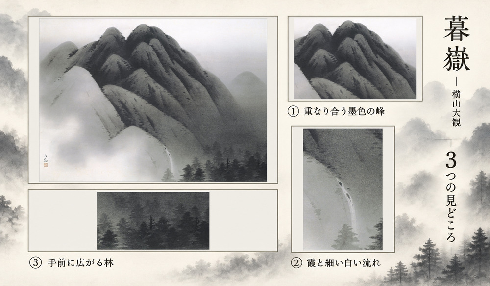 横山大観「暮嶽」の全図と、重なり合う墨色の峰、霞と細い白い流れ、手前に広がる林を示した3つの見どころ