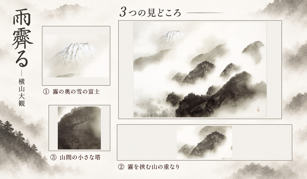 横山大観「雨霽る」の全図と、霧の奥の雪の富士、霧を挟む山の重なり、山間の小さな塔を示した3つの見どころ