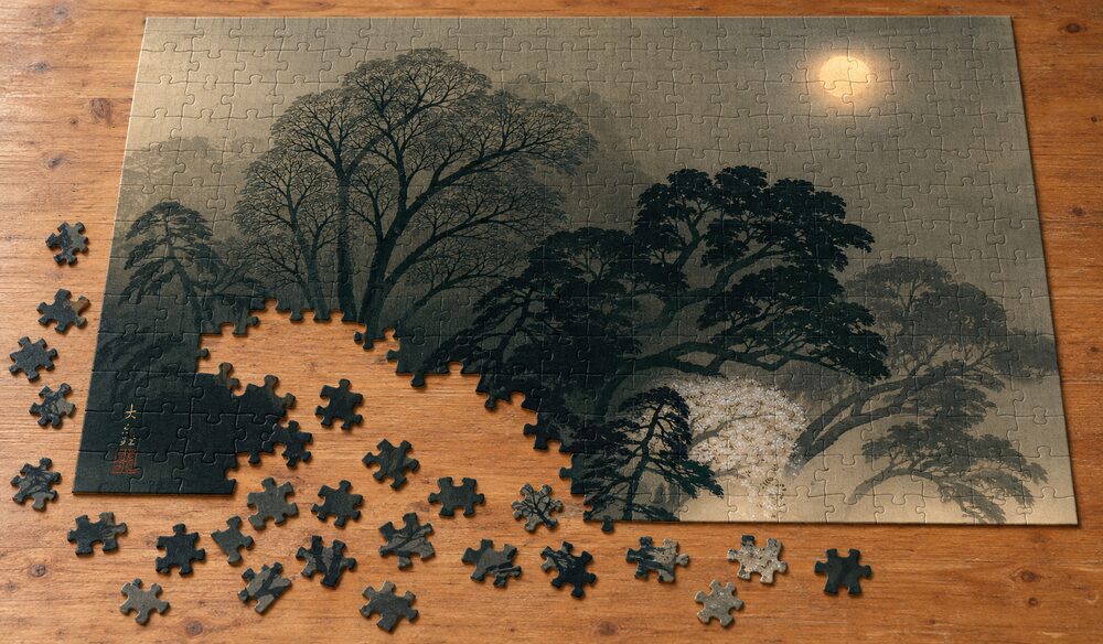 横山大観「朧夜」を絵柄にした、組み立て途中のジグソーパズルのイメージ