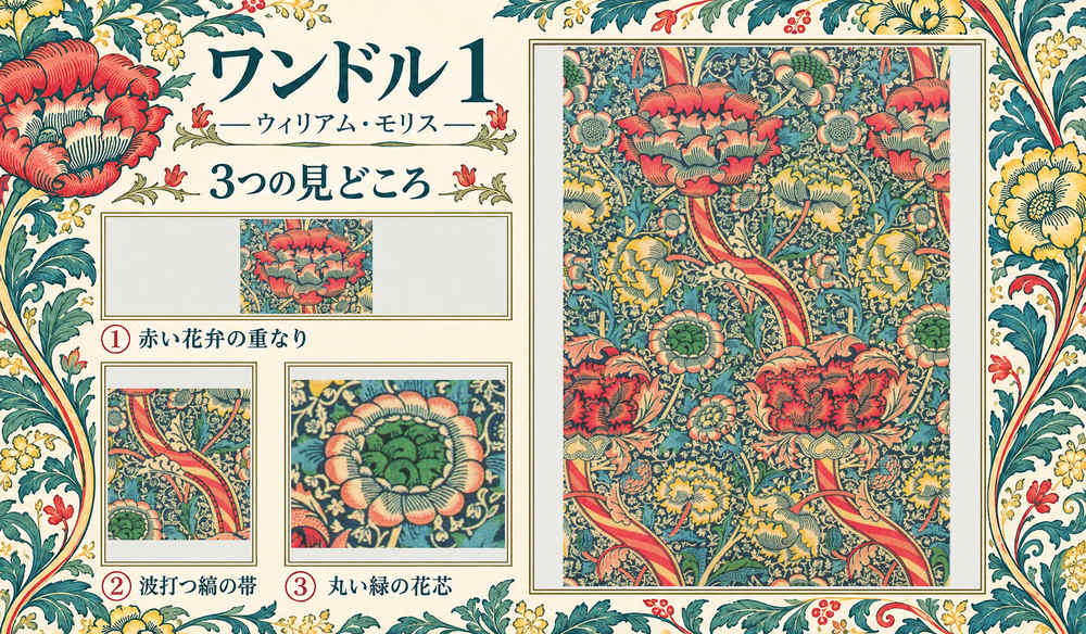 ウィリアム・モリス「ワンドル１」の全図と、赤い花弁の重なり、波打つ縞の帯、丸い緑の花芯を示した3つの見どころ